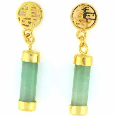 18K Gold over Sterling Silver and Chinese Green Jade 'Blessing' Dangle Earrings - Grocery