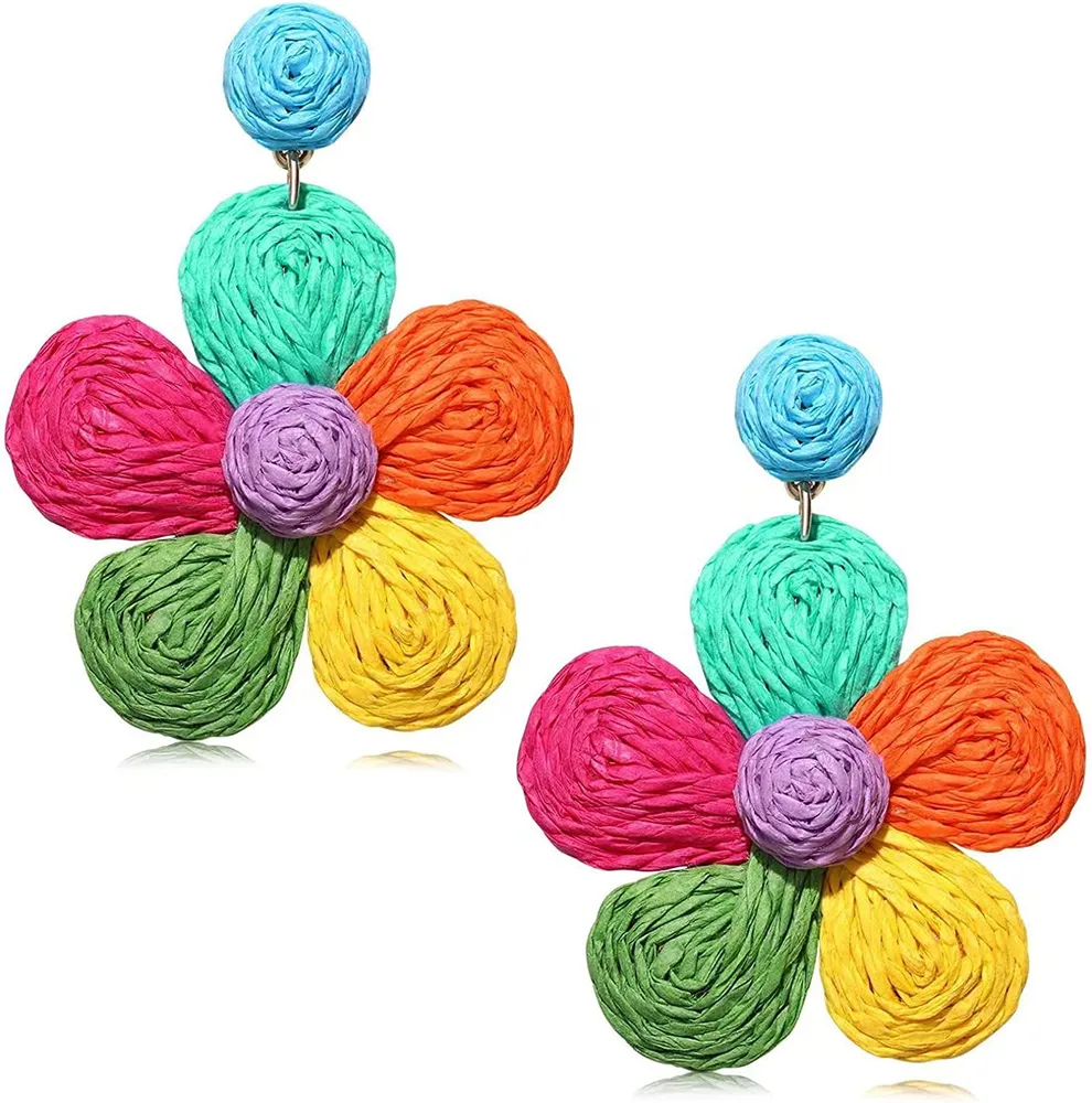 Bohemian Rattan Flower Drop Dangle Earring for Women Girl Teen Boho Colorful Raffia Straw Wicker Statement Earring Handmade Summer Tropical Beach Jewelry - Grocery