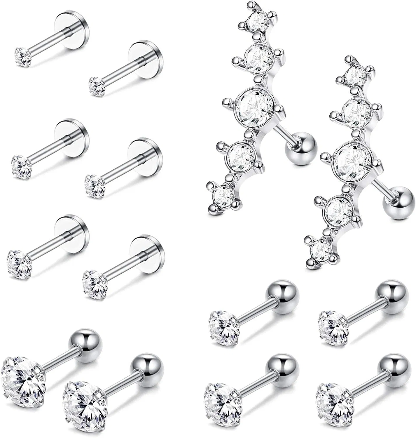 7 Pairs Stainless CZ Stud Earrings for Women Men Cartilage Earrings Helix Tragus Barbell Ear Body Piercings Jewelry - Grocery