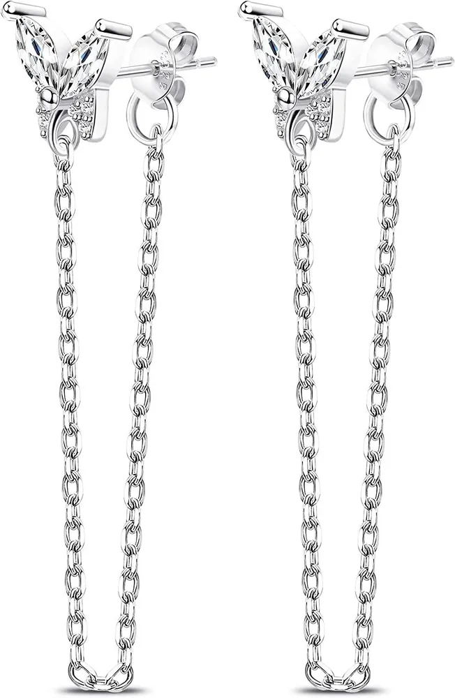 925 Sterling Silver Butterfly Chain Stud Earrings for Women 14K Gold Plated Drop Chain Dangle Earrings Hypoallergenic - Grocery