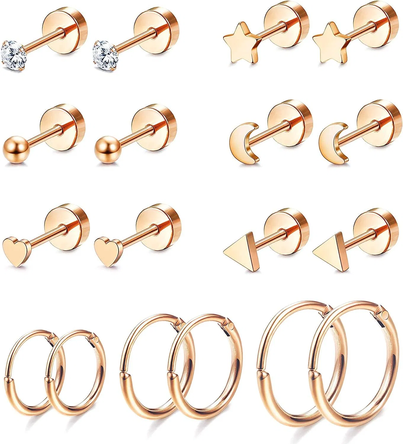 9 Pairs Tiny Cartilage Earrings Studs Hoops for Women Stainless CZ Moon Star Balls Tragus Helix Endless Hoop Piercing Flatback Earring Set - Grocery