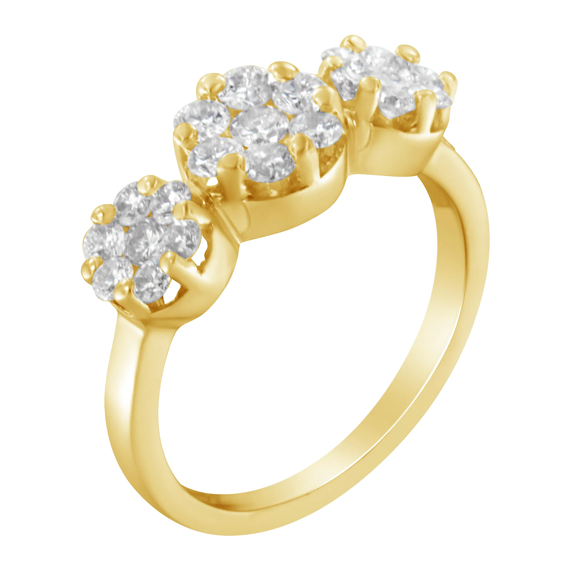 14K Yellow Gold 1-1/4 Cttw Brilliant Cut Diamond Three Round Floral Clusters Engagement or Fashion Ring (H-I Color, SI2-I1 Clarity) - Grocery