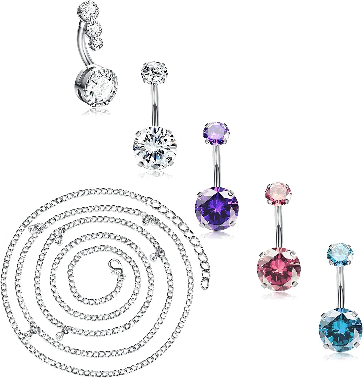 14G Belly Button Rings with Waist Chain Surgical Stainless Diamond CZ Dangle Belly Rings Cute Navel Rings Dangle Belly Button Piercing Jewelry for Women - Grocery