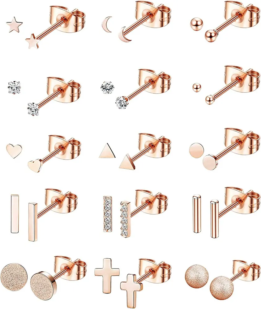 15 Pairs Stainless Stud Earrings for Women Small CZ Heart Star Moon Triangle Bar Ball Stud Earrings Cartilage Helix Ear Piercing Set 20G - Grocery