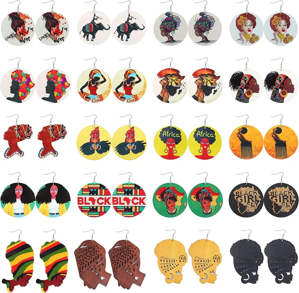 20 Pairs African Earrings Wooden Ethnic African Map Queen Style Statement Dangle Earrings Set for Woman - Grocery
