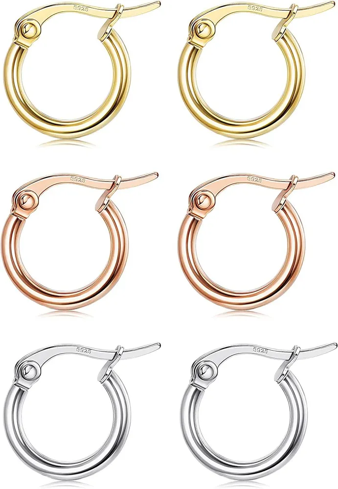 3Pairs 925 Sterling Small Hoop Earrings Lightweight Clasp Round Hoop Cartilage Earrings Set for Women 8MM 10MM 12MM - Grocery