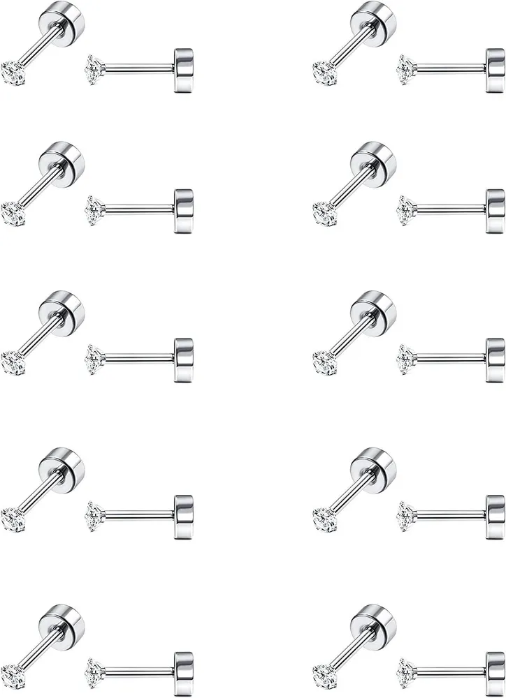 10 Pairs 18G Stainless Stud Cartilage Piercing Earrings for Women Men Lobe Ear Piercing Stud Cubic Zirconia Flat Back Screw Back Ear Piercing Set 2-4MM - Grocery