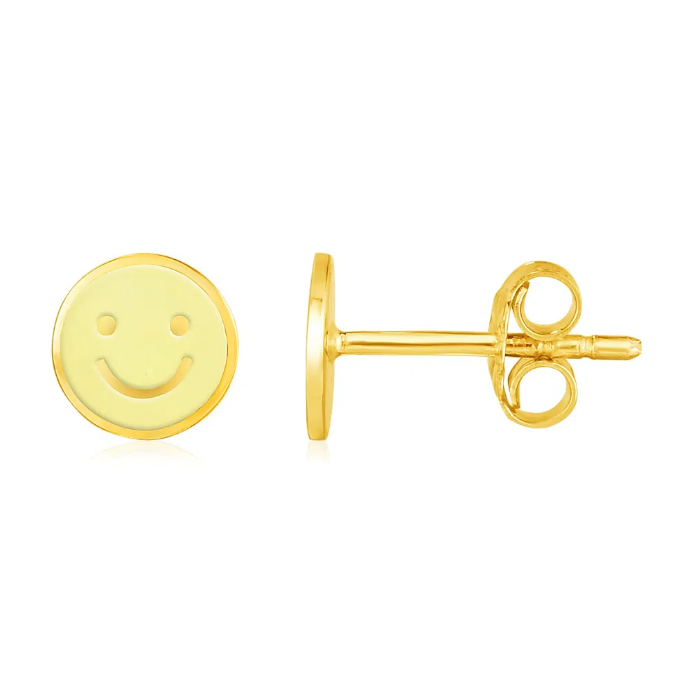 14k Yellow Gold and Enamel Yellow Smiley Face Stud Earrings - Grocery