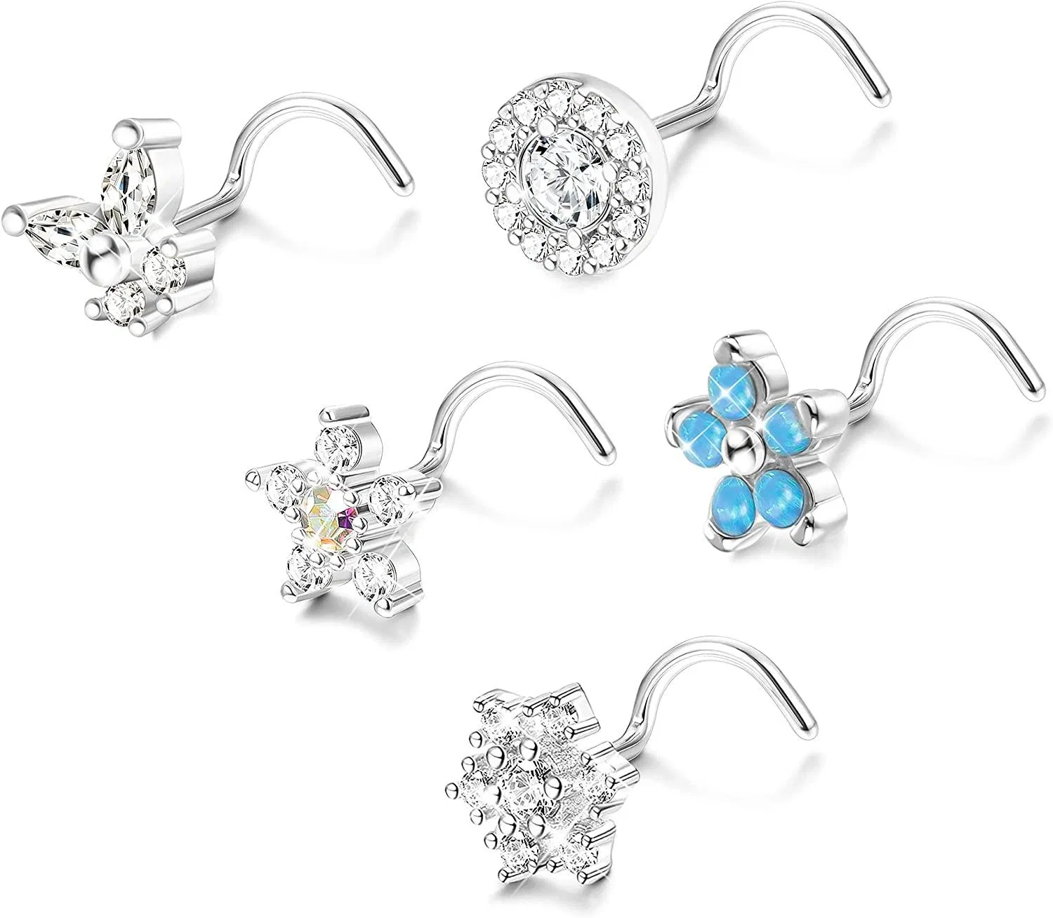 5Pcs 20G Nose Studs Flower Butterfly Nose Rings Screw S Shaped Nose Rings Stud Cute Nose Rings for Women Men - Grocery