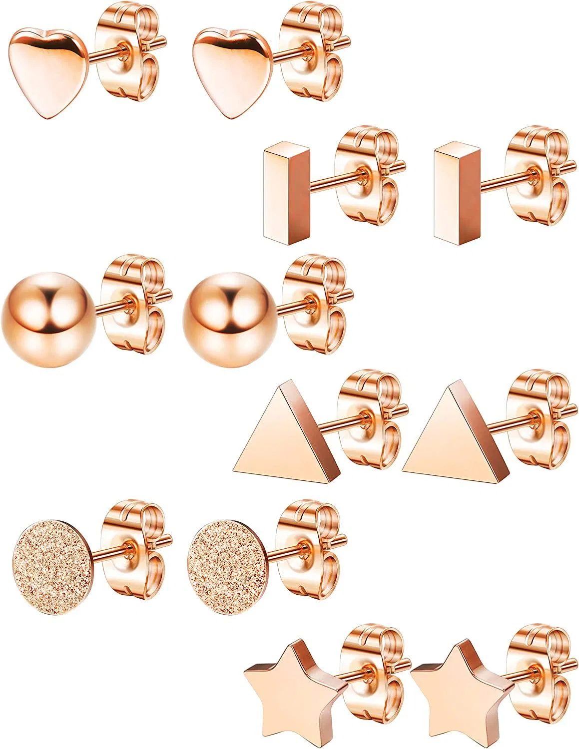 6 Pairs Stainless Stud Earrings Set for Women Bar Heart Ball Star Triangle Ear Piercing - Grocery