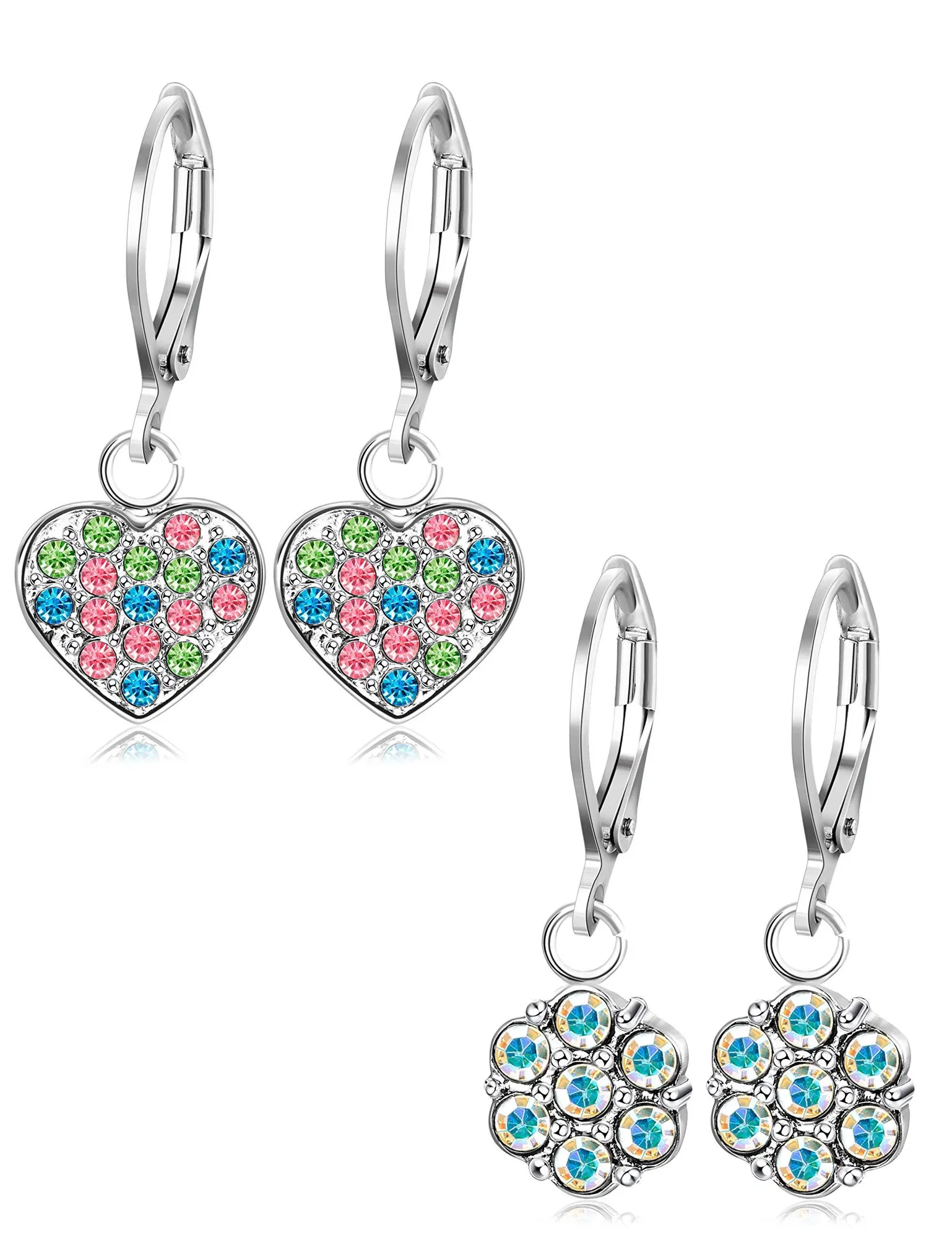 2 Pairs Stainless Steel Leverback Earrings For Women Heart Flower Dangle Earrings Cute Drop Earrings Set - Grocery