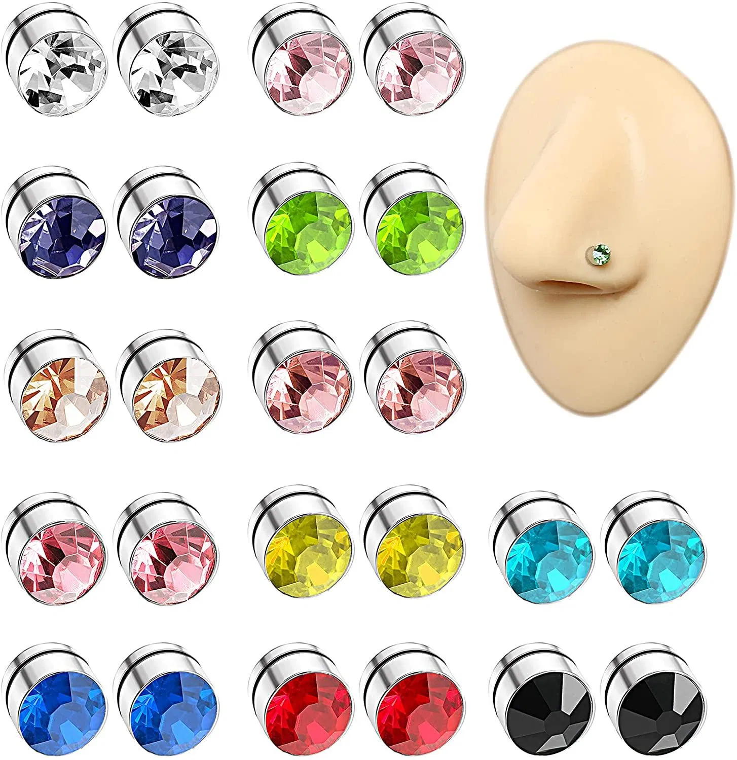 12 Pairs Magnetic Stud Earrings Stainless Steel Clip on CZ Earrings Non Piercing Fake Nose Ring Stud Magnetic Earrings for Women Men - Grocery