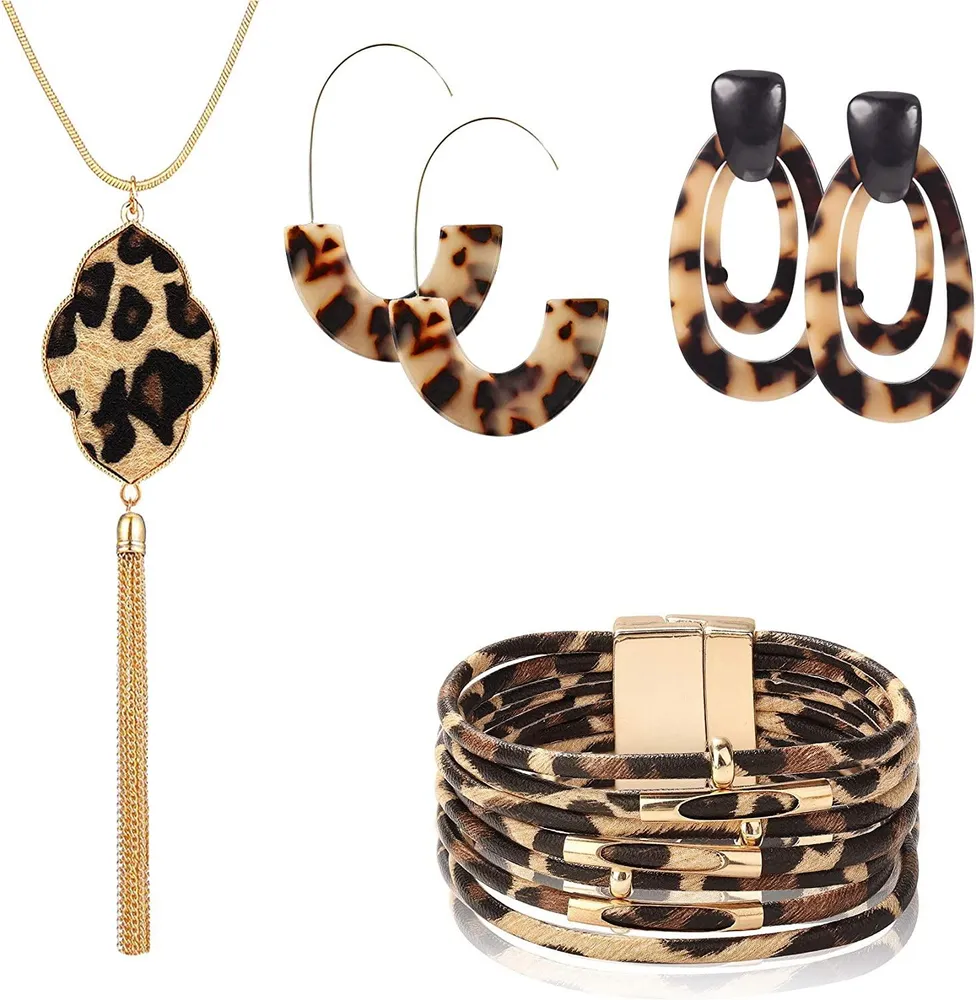 4Set Leopard Set Leopard Bracelet Acrylic Hoop Earring Statement Leopard Long Tassel Pendant Necklace for Women - Grocery