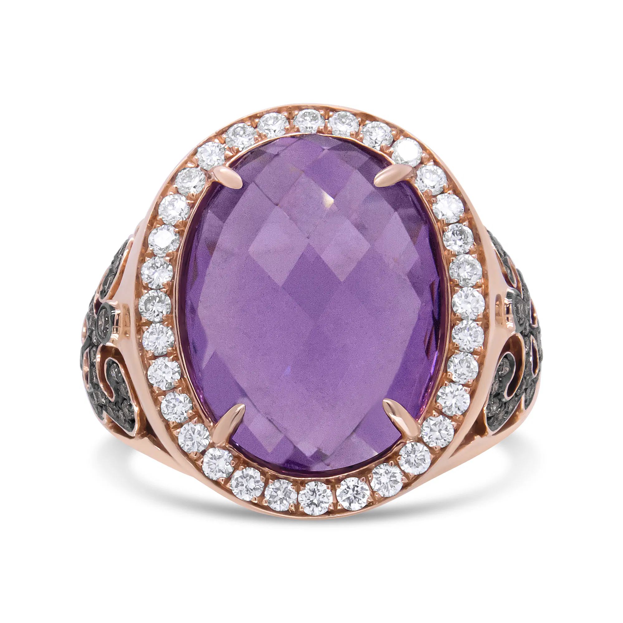 18K Rose Gold 18x13 MM Oval Cut Purple Amethyst and 1.00 Cttw Diamond Cocktail Ring (Champagne and F-G Color, VS1-VS2 Clarity) - Ring Size 6.5 - Grocery