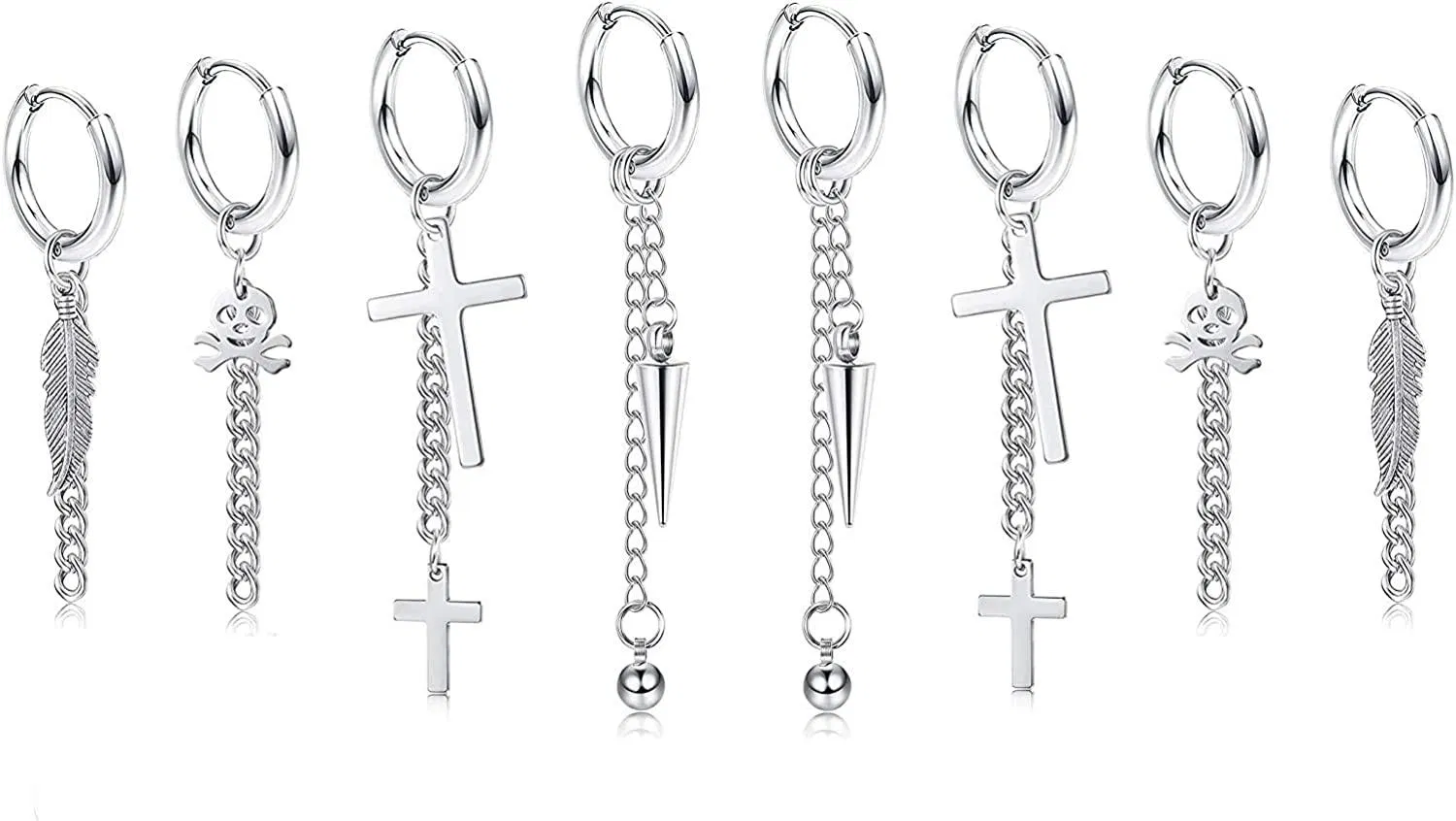 4 Pairs Stainless Steel Silver Tone Hoop Dangle Earrings for Men Women Hinged Piercing Earring Cool Punk Kpop Chain Earrings Unisex - Grocery
