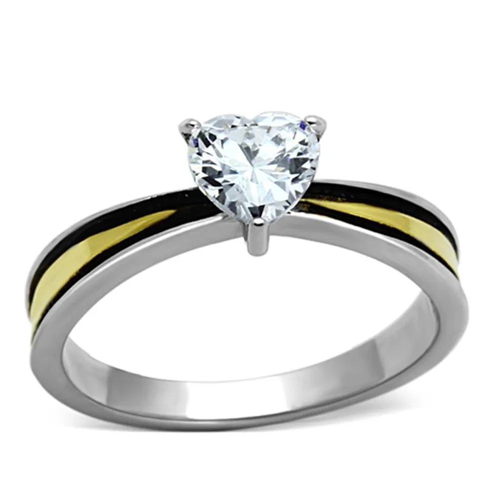 TK1283 - Two-Tone IP Gold (Ion Plating) Stainless Steel Ring with AAA Grade CZ in Clear - Grocery