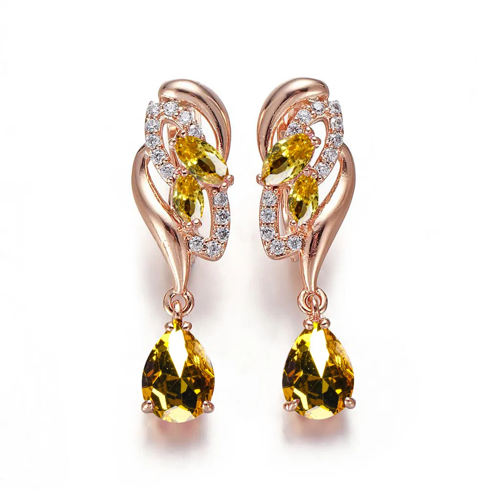 1 Pair Gold Color Waterdrop Flower Earrings Bridal Wedding Accessories Jewelry Exquisite Teardrop Pink Stone Dangle Long Earrings - Grocery