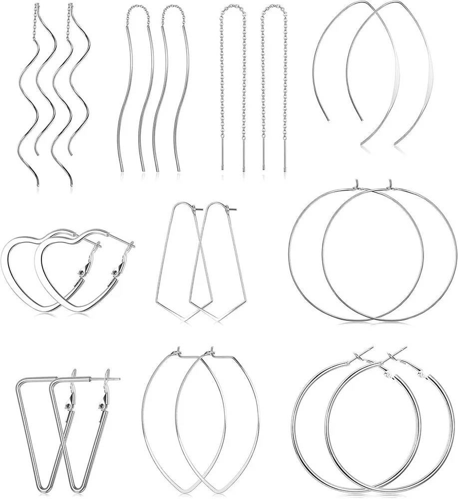 10Pairs Stainless Curved Threader Earrings Lightweight Hoop Drop Dangle Earrings Set for Women - Grocery