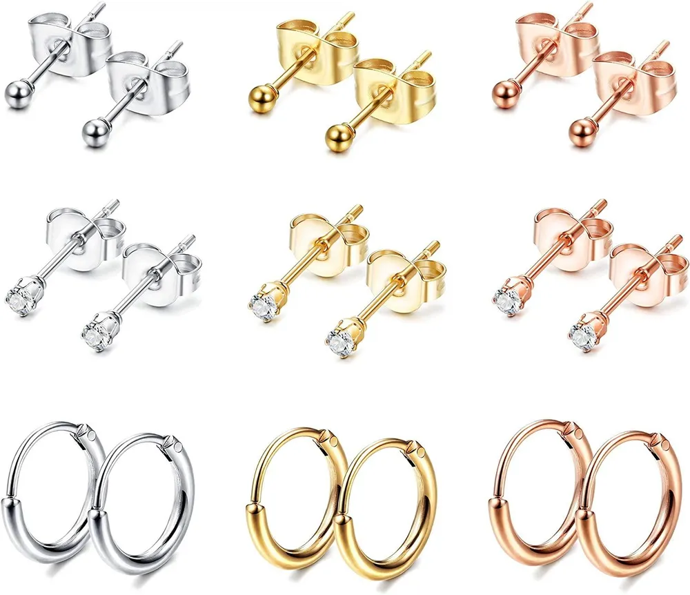 Stainless 2mm Tiny Stud Earrings for Women Mens Endless Hoops CZ Balls Cartilage Earrings Set 20G - Grocery