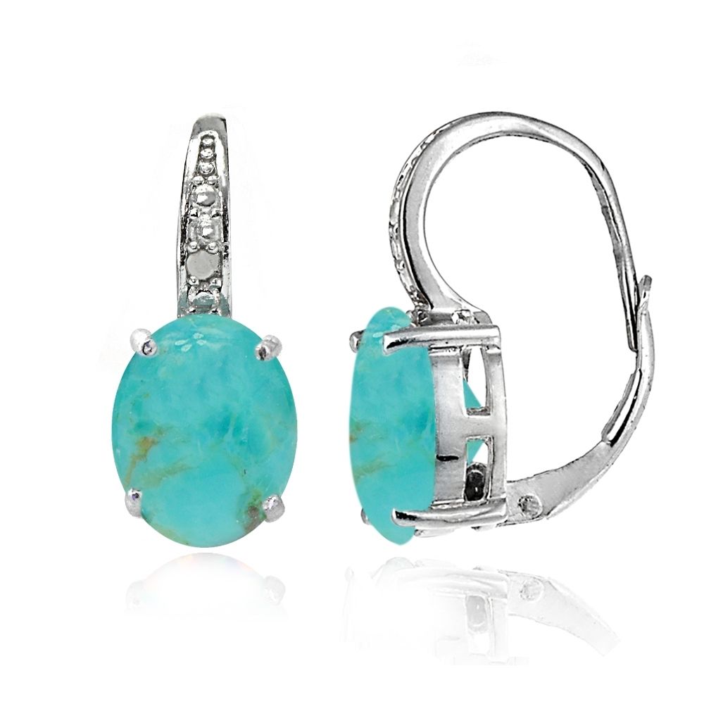 Sterling Silver Simulated Turquoise Opal & Diamond Oval Leverback Earrings - Grocery