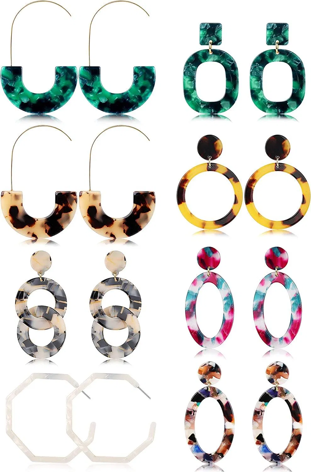 8 Pairs Mottled Hoop Earrings Acrylic Resin Drop Dangle Earring for Women Bohemian Statement Stud Earrings Lightweight - Grocery