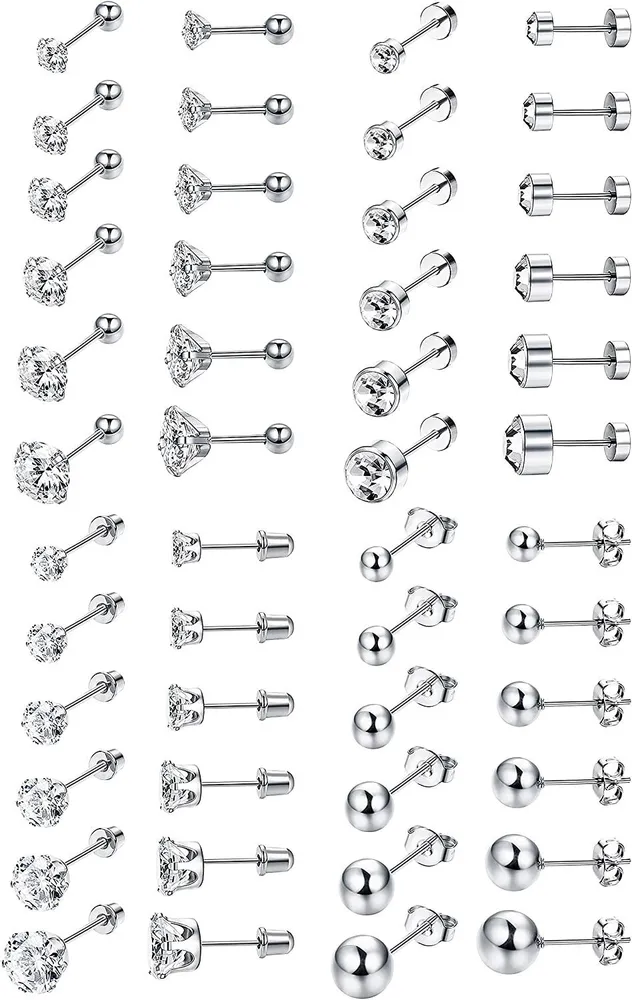 24Pairs 18G Stainless Screwback Cartilage Barbell Stud Earrings for Men Women CZ Flatback Tragus Helix Ear Stud Piercing Set - Grocery