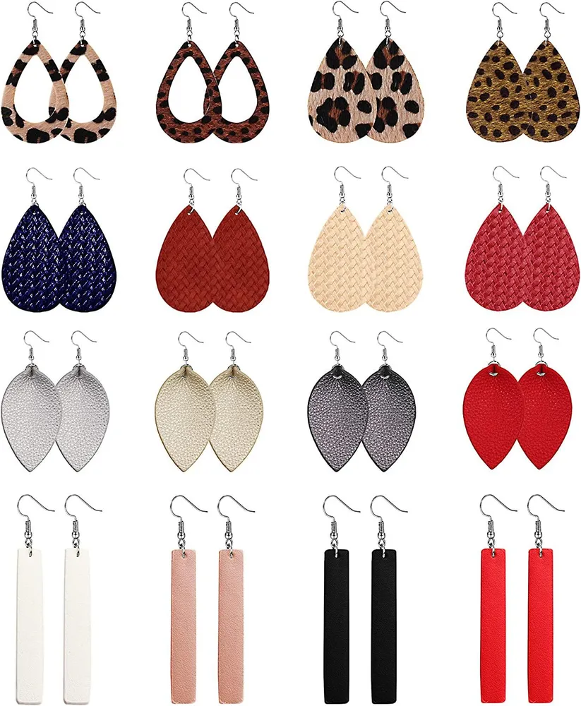 16Pairs Teardrop Leather Earrings for Women Lightweight Glitter Leaf Bar Leopard Dangle Drop Earrings Faux Leather Earring Set - Grocery
