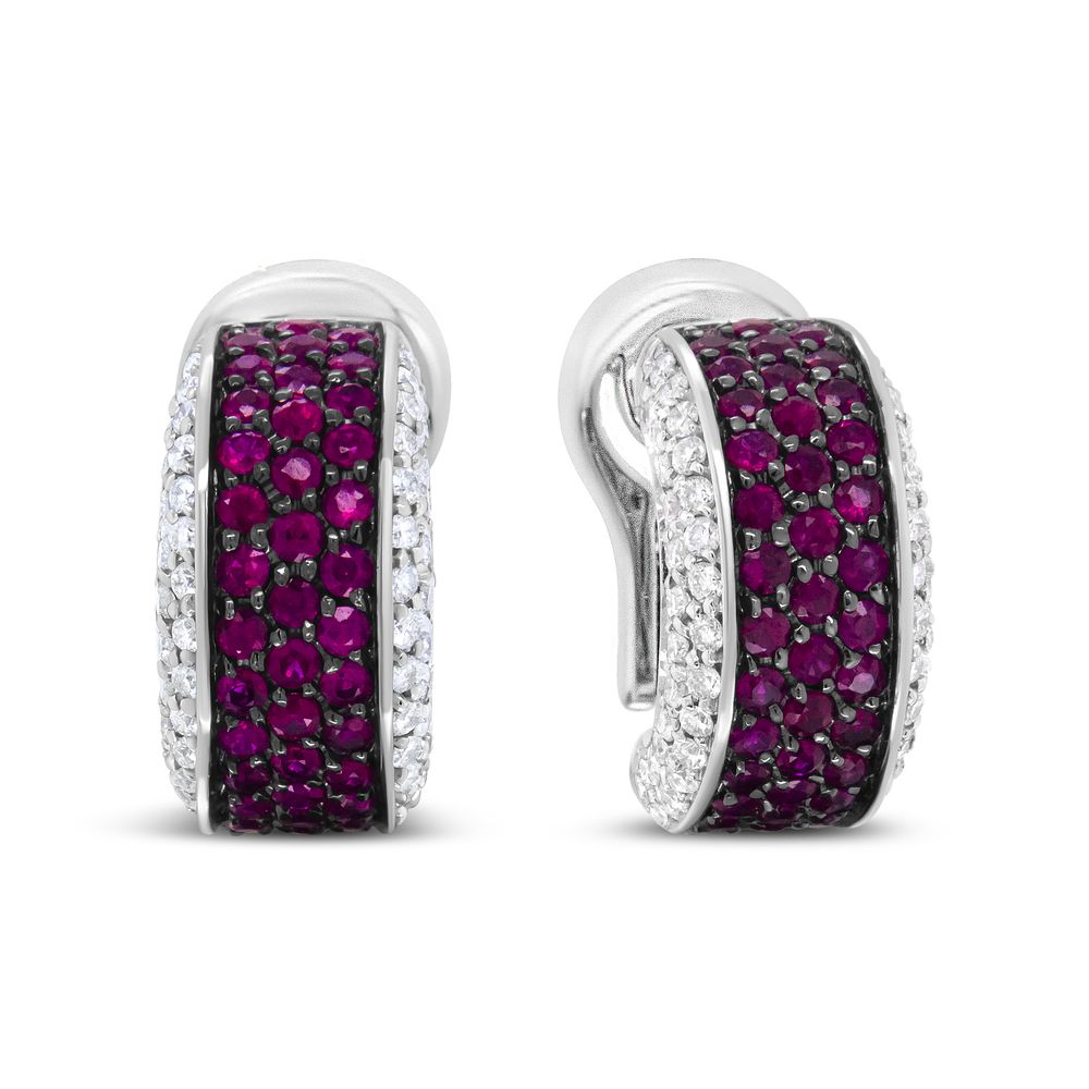 18K White Gold and Black Rhodium Plated 3/4 Cttw Round Diamonds and 1mm Round Red Ruby Huggie Hoop Earrings (F-G Color, VS1-VS2 Clarity) - Grocery
