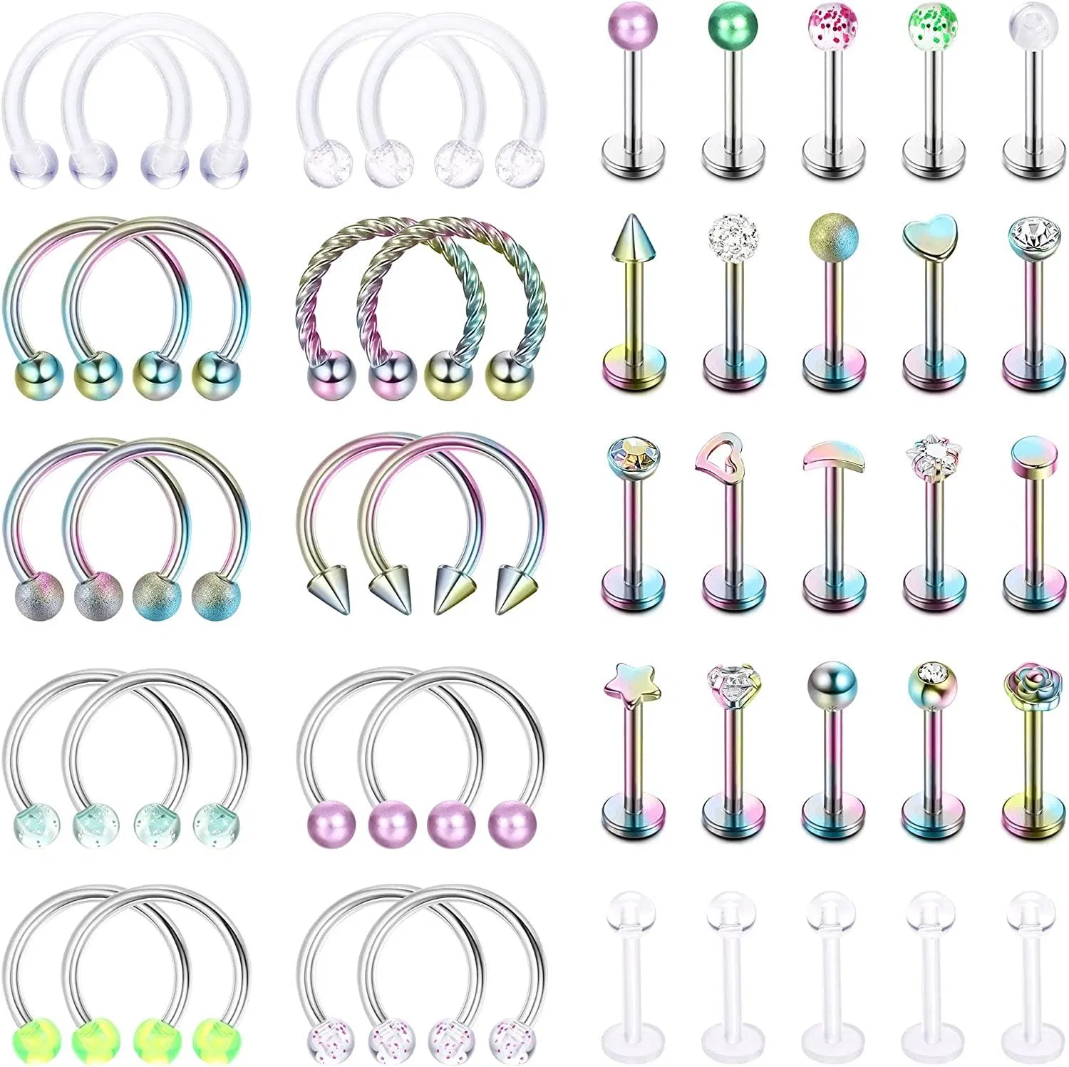 45Pcs 16G Lip Rings Stainless Horseshoe Nose Septum Rings Piercing Helix Tragus Cartilage Earring Hoop Eyebrow Lip Hoop Retainer for Women Men 8mm - Grocery