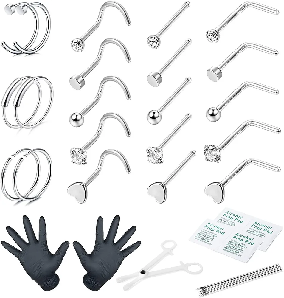 21PCS Nose Piercing Kit 18G 20G Stainless Steel Nose Ring Hoop Ear Studs Cartilage Tragus Helix Rings Professional Body Piercing Kit - Grocery