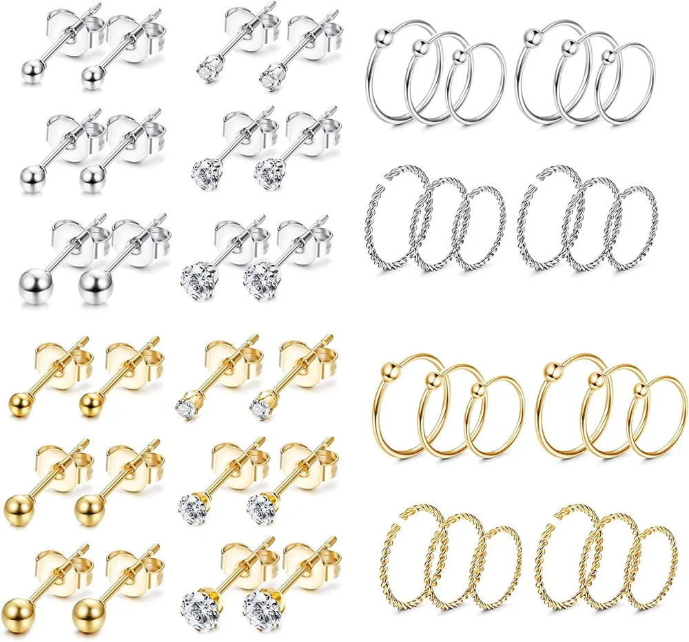 24Pairs Stainless Tiny Stud Earrings for Men Women Small Endless Hoop Earring Set CZ Ball Stud Ear Tragus Helix Piercing - Grocery