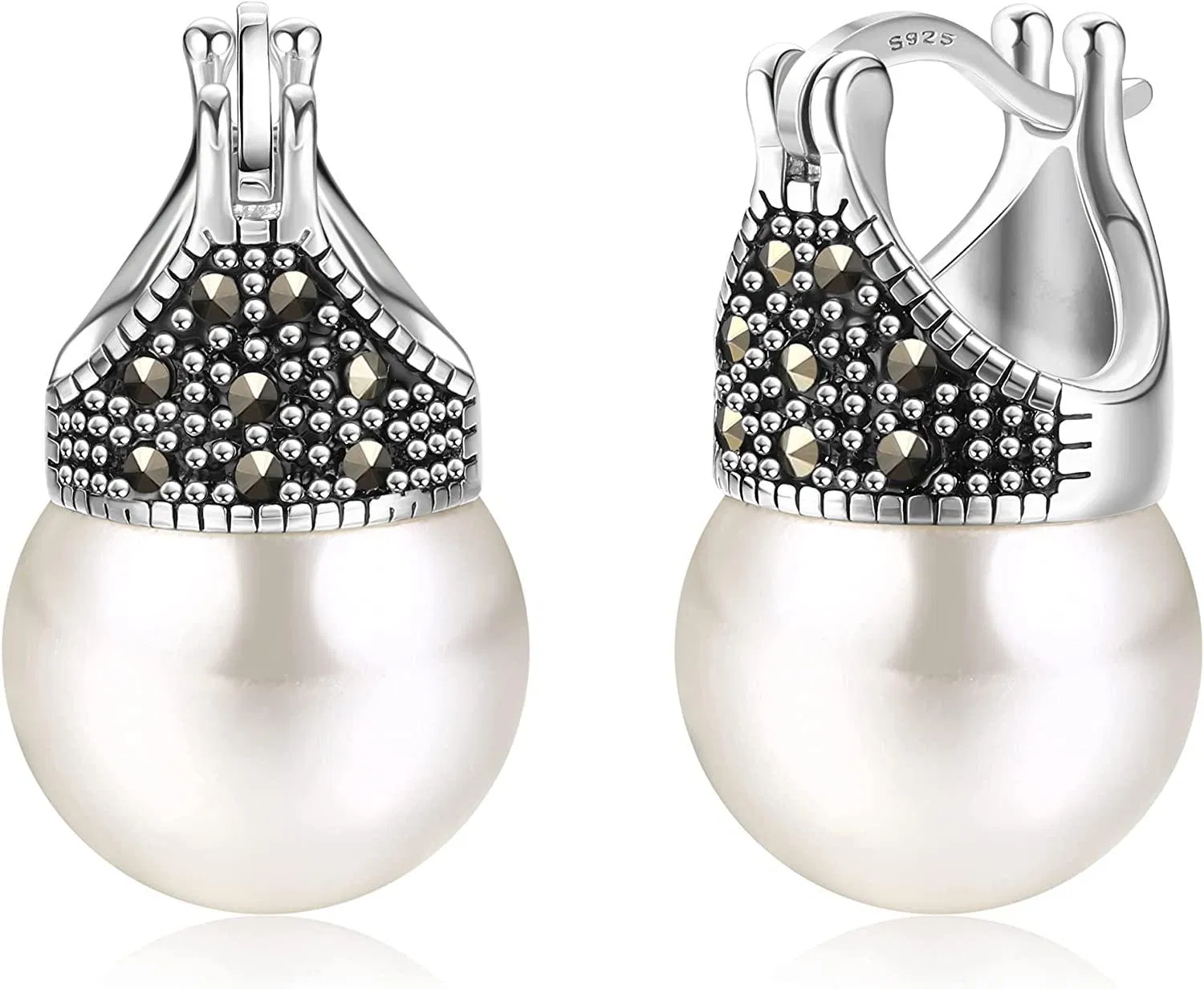 925 Sterling Pearl Earrings 18K Glass Pearl Drop Earrings Pearl Dangle Stud Earrings Valentine's Day Gifts for Women - Grocery