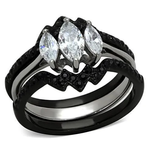 TK1347 - Two-Tone IP Black Stainless Steel Ring with AAA Grade CZ in Clear - Grocery