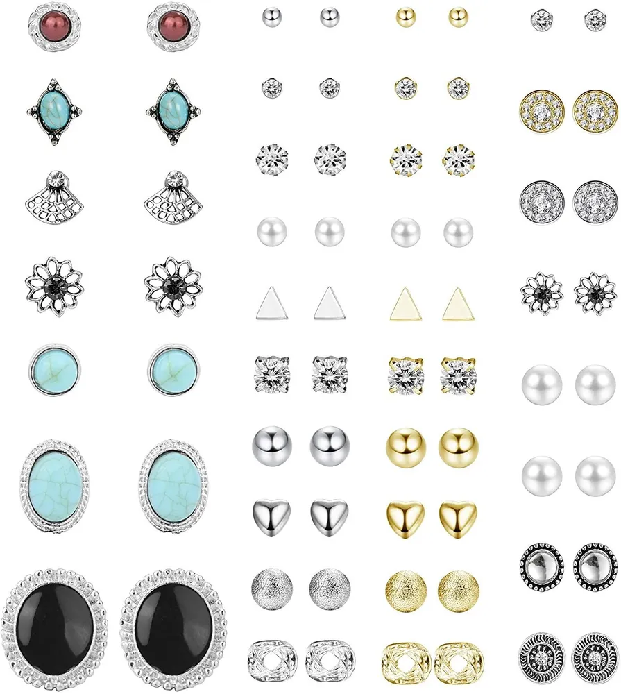 35Pairs Multiple Stud Earrings Crystal Pearl Earrings Cute Vintage Earrings Set For Women - Grocery