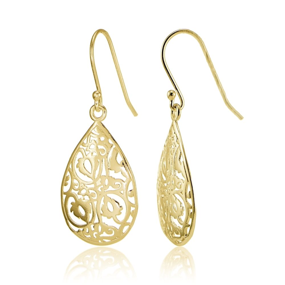 Yellow Gold Flashed Sterling Silver Filigree Teardrop Earrings - Grocery