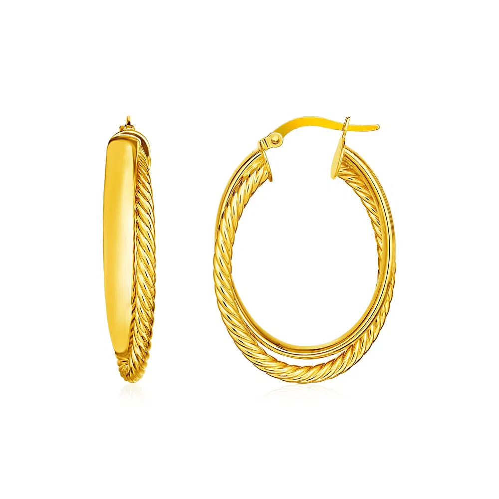 14k Yellow Gold Two Part Textured Twisted Oval Hoop Earrings - Grocery