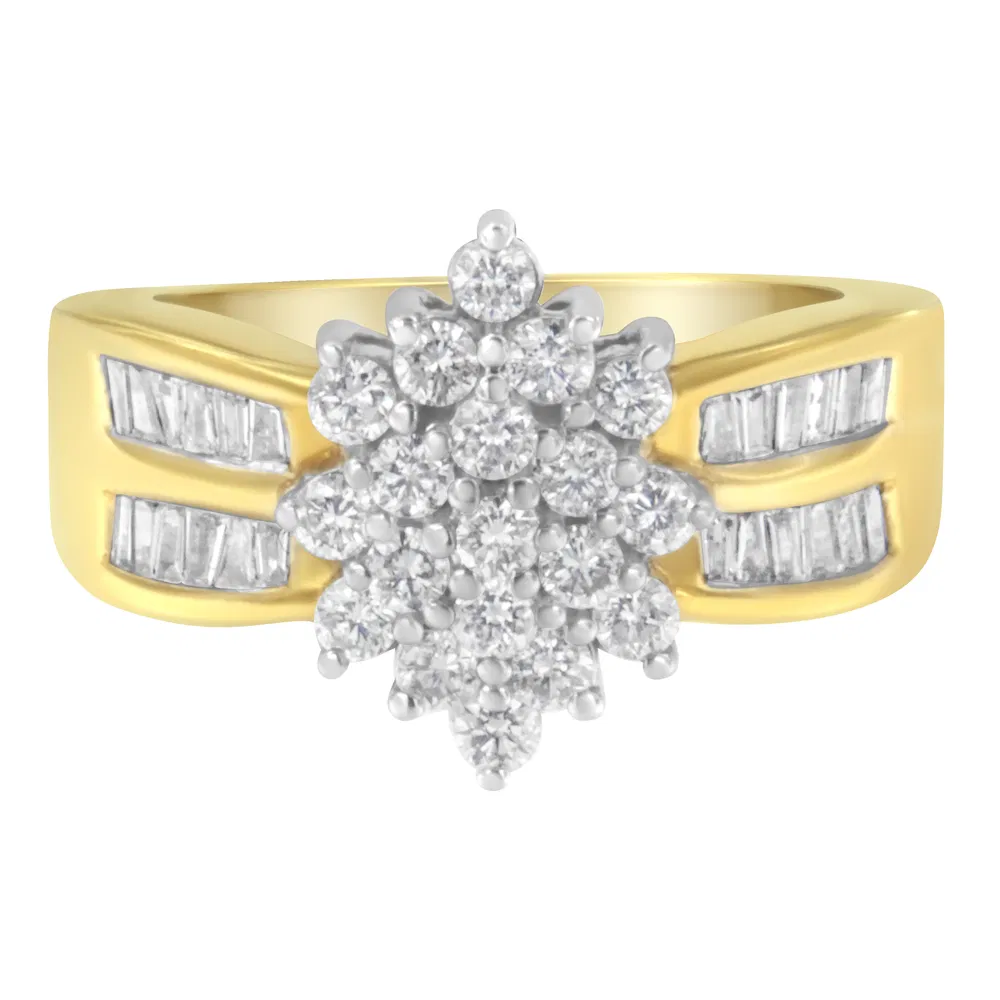 10K Yellow Gold 1.0 Cttw Round & Baguette Cut Diamond Floral Cluster Double-Channel Flared Band Statement Ring (H-I Color, SI2-I1 Clarity) - Grocery