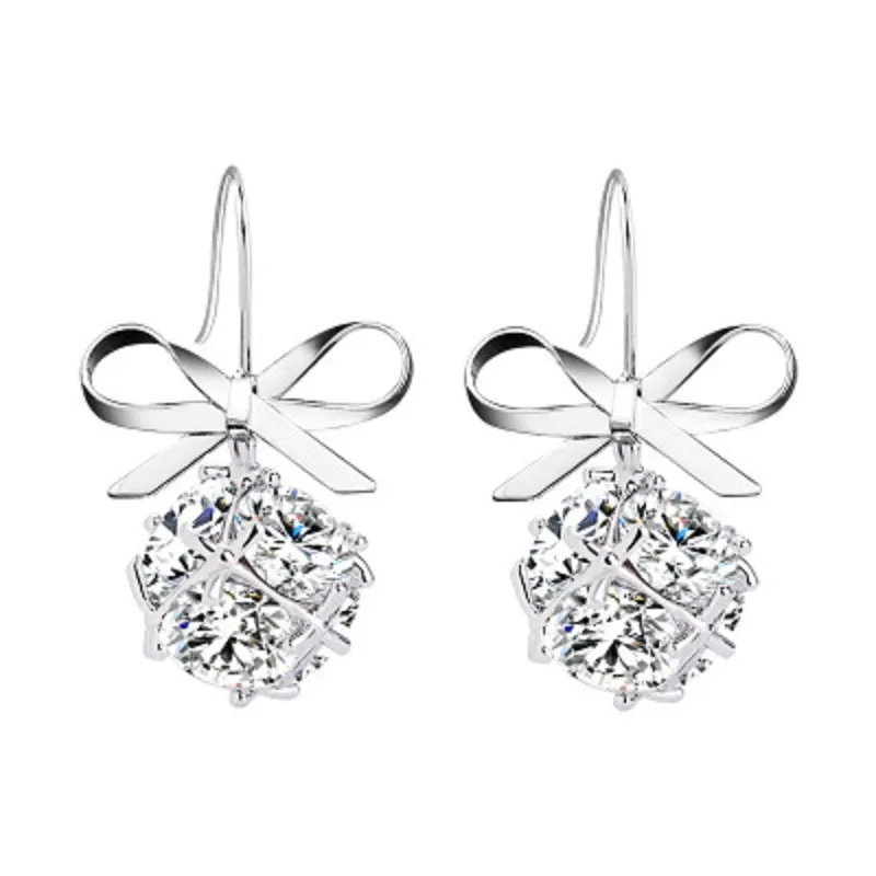 Womens Bow with Zircon Square Flash Diamond Ball Hook Earrings Fashion Earrings - Grocery