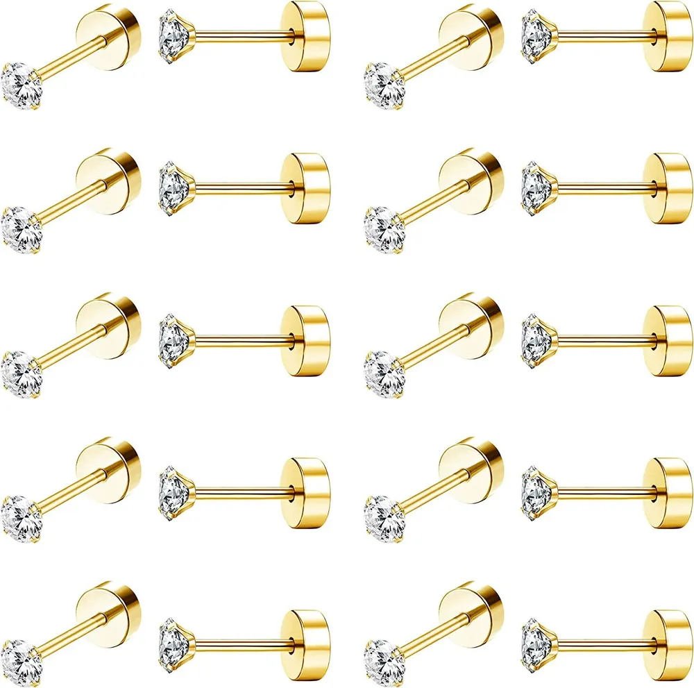 10Pairs 18G Stainless CZ Stud Earrings for Women Men Cartilage Helix Piercing Earring Round Cubic Zirconia Screw Flat Back Stud Ear Set - Grocery