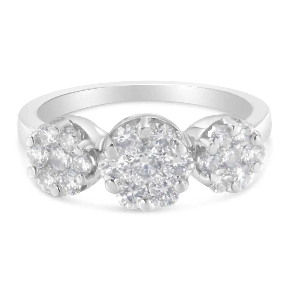 14K White Gold 1-1/4 Cttw Brilliant Cut Diamond Three Round Floral Clusters Engagement or Fashion Ring (H-I Color, SI2-I1 Clarity) - Grocery