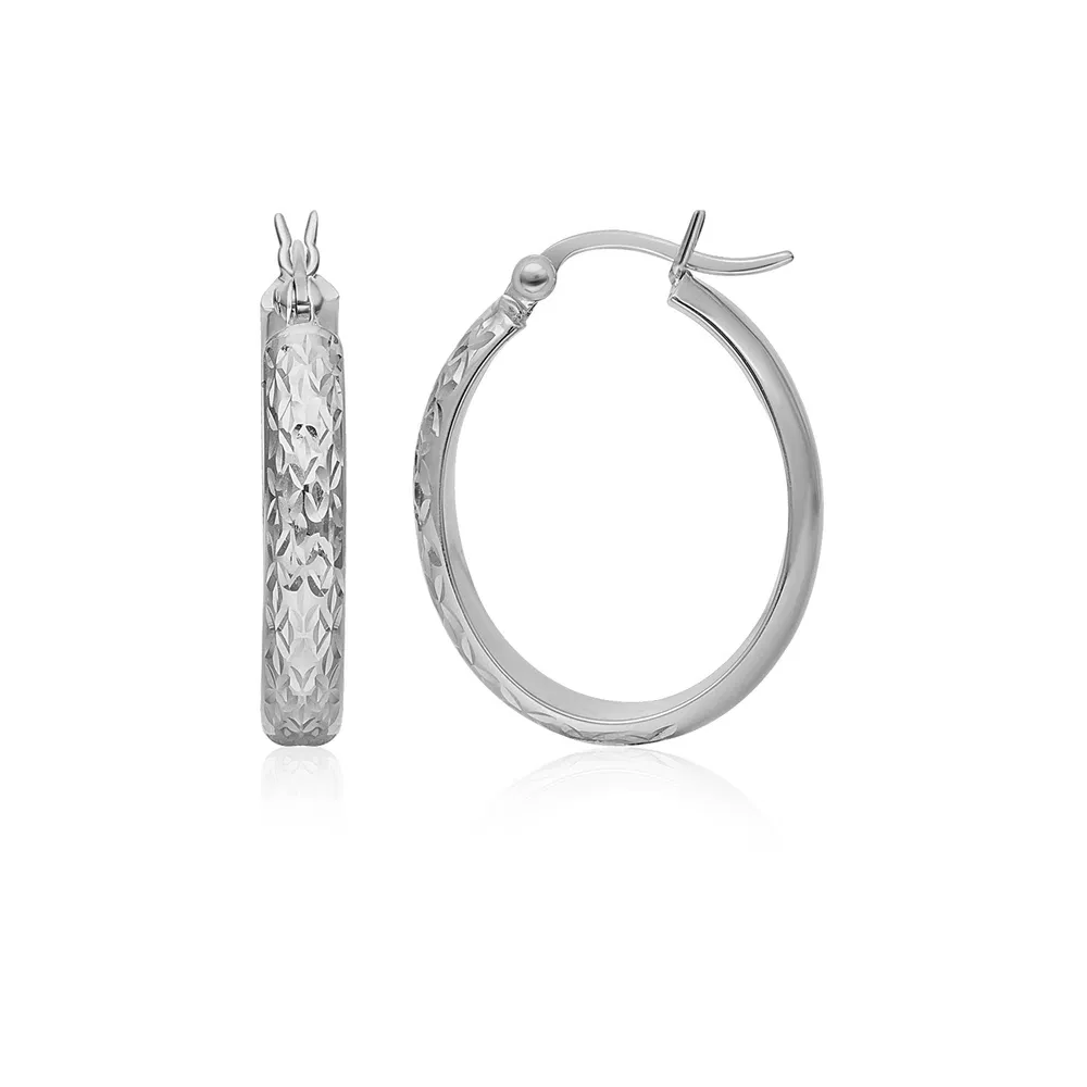 14k White Gold Hammered Oval Hoop Earrings - Grocery