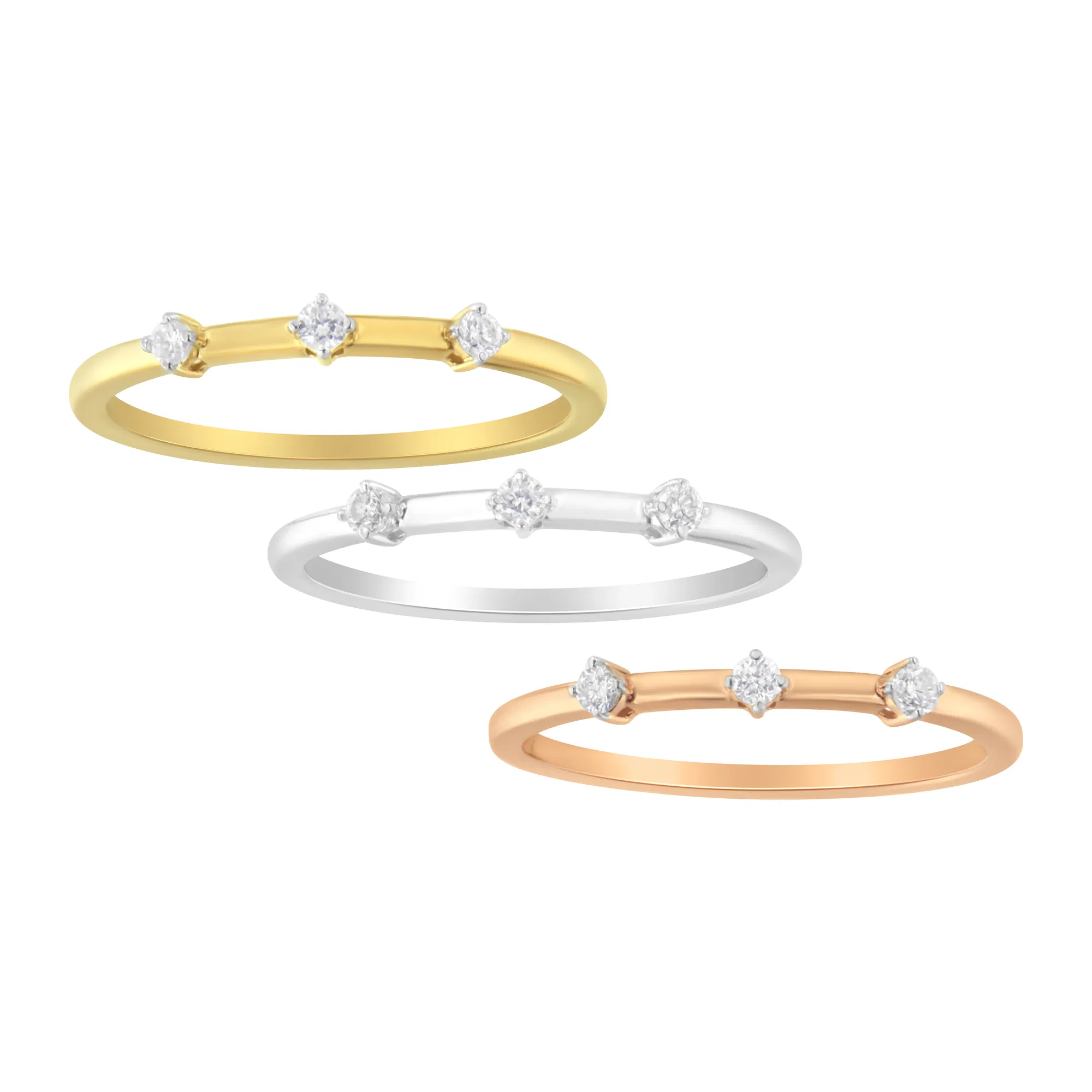 14kt Gold Plated Tri Tone .925 Sterling Silver 1/3 Cttw Prong-Set Round-Cut Diamond Three Piece Stackable Band Ring Set (I-J Color, I1-I2 Clarity) - Grocery