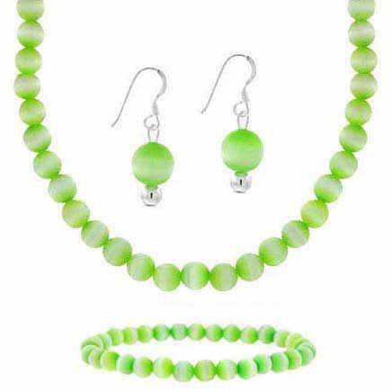 Sterling Silver 6mm Simulated Light Green Cats Eye Stone Bead Beaded Dangle Hook Earrings Stretch Bracelet Necklace 15-19