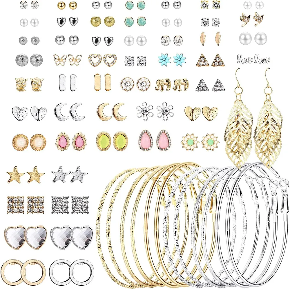 59 Pairs Colorful Cute Stainless Stud Earrings for Women Hypoallergenic Big Hoop Earrings Faux Pearl CZ Flower Stud Earrings Set - Grocery