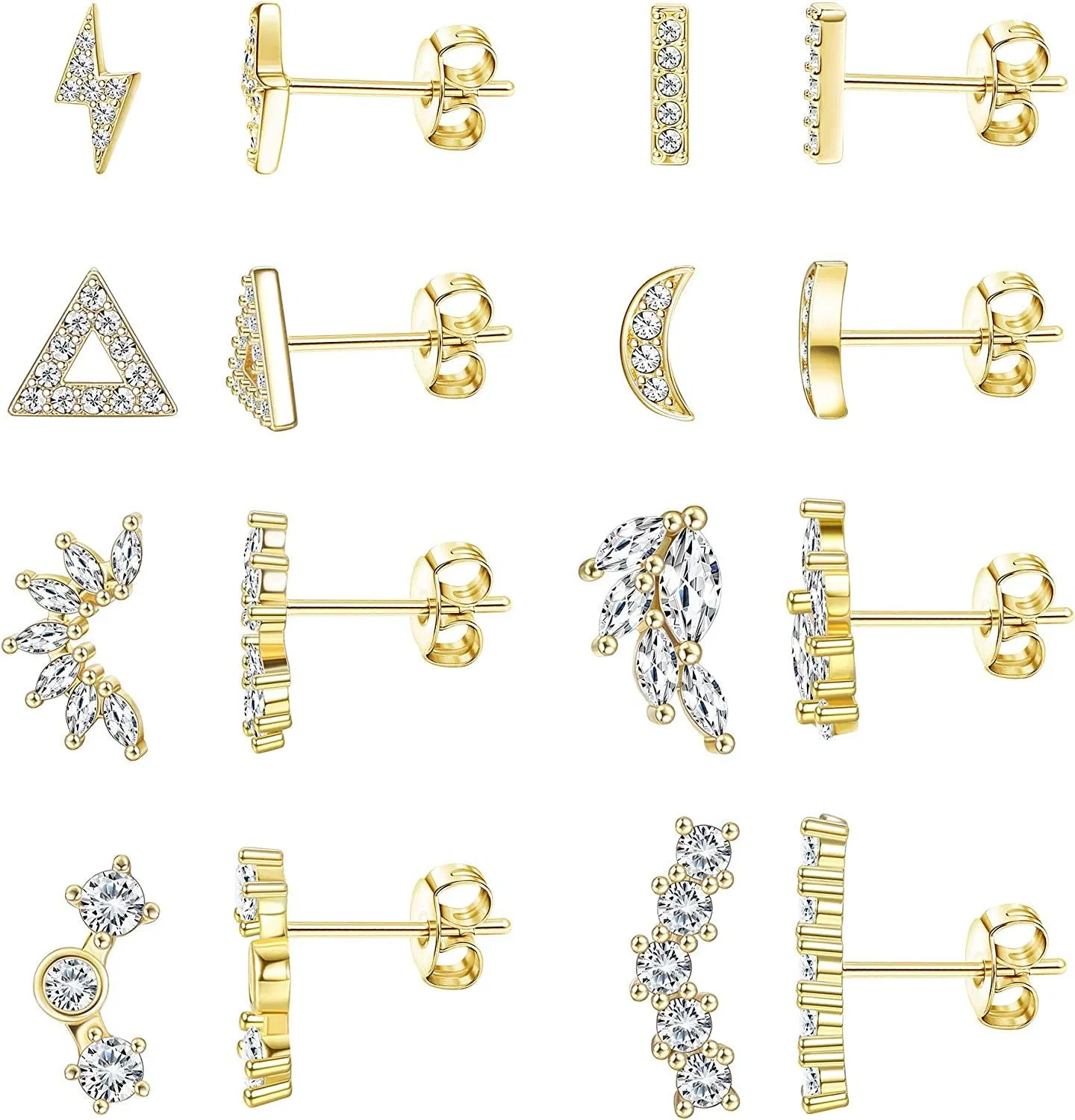 8Pairs Stainless Moon Lightning Bolt Ear Climbers Stud Earrings for Women CZ Dainty Mini Bar Earrings Set Ear Crawler Earrings for Women - Grocery