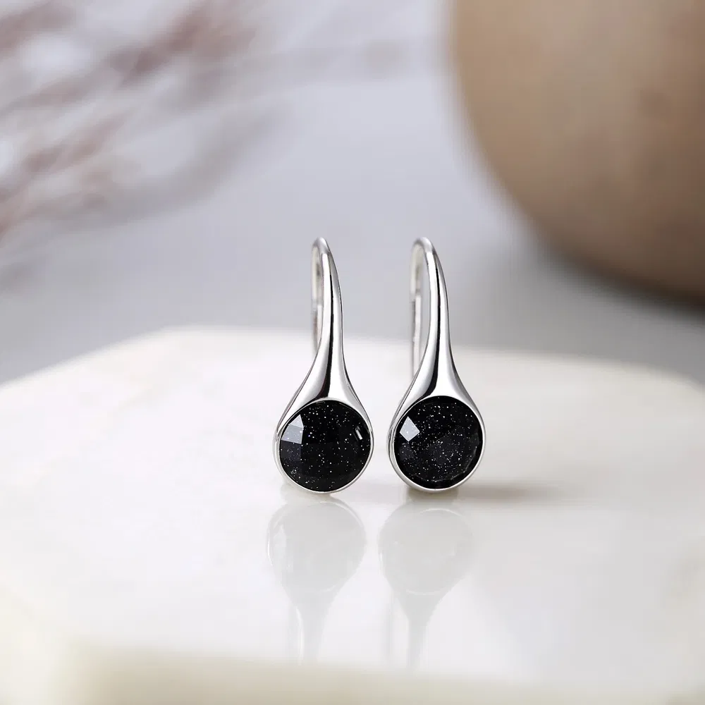 S925 Silver Blue Sandstone Star Earrings Round - Grocery