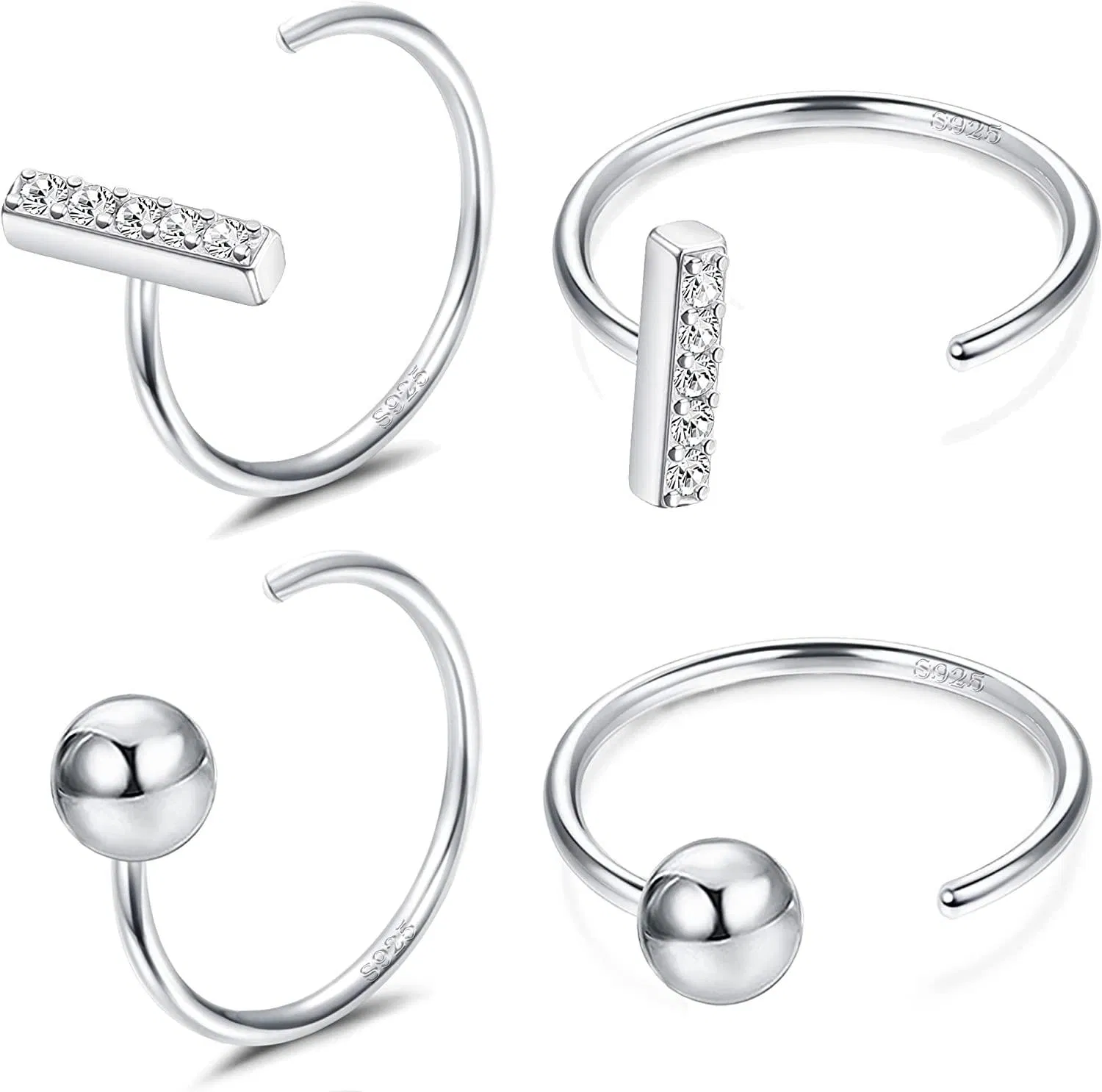 2 Pairs 925 Sterling Silver Half Hoops Earrings Opal Ball Star Dot Small Hoop Earrings Huggie Cartilage Earrings Hug Tiny Hoop Earrings for Women Men - Grocery
