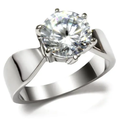 TK046 - High polished (no plating) Stainless Steel Ring with AAA Grade CZ in Clear - Grocery