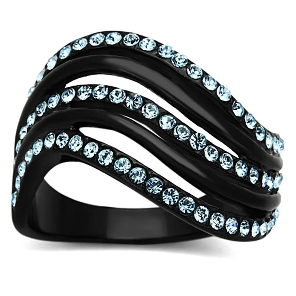TK1297 - IP Black(Ion Plating) Stainless Steel Ring with Top Grade Crystal in Sea Blue - Grocery