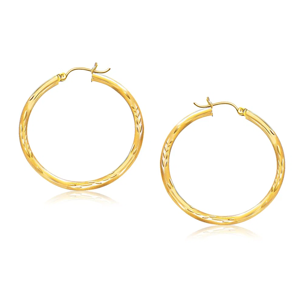 14k Yellow Gold Fancy Diamond Cut Hoop Earrings (3x35mm) - Grocery